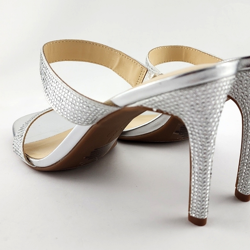 Jessica Simpson Women Silver Rhinestone Double Strap Slip On High Heel Sandal 9M - Picture 7 of 16
